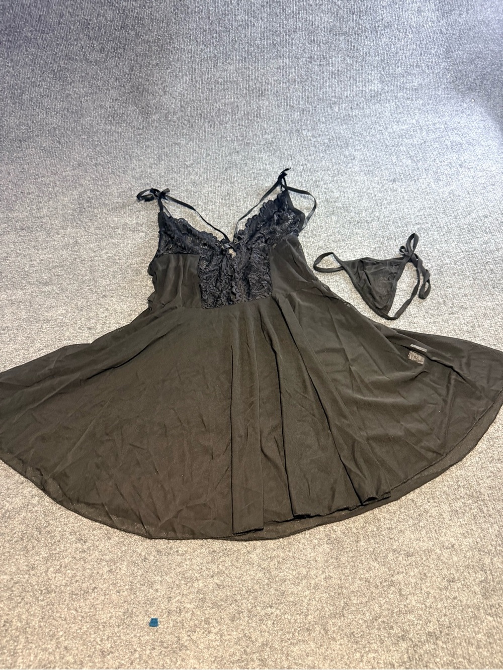 Sheer Lace-Trim Black Chemise with Matching Thong